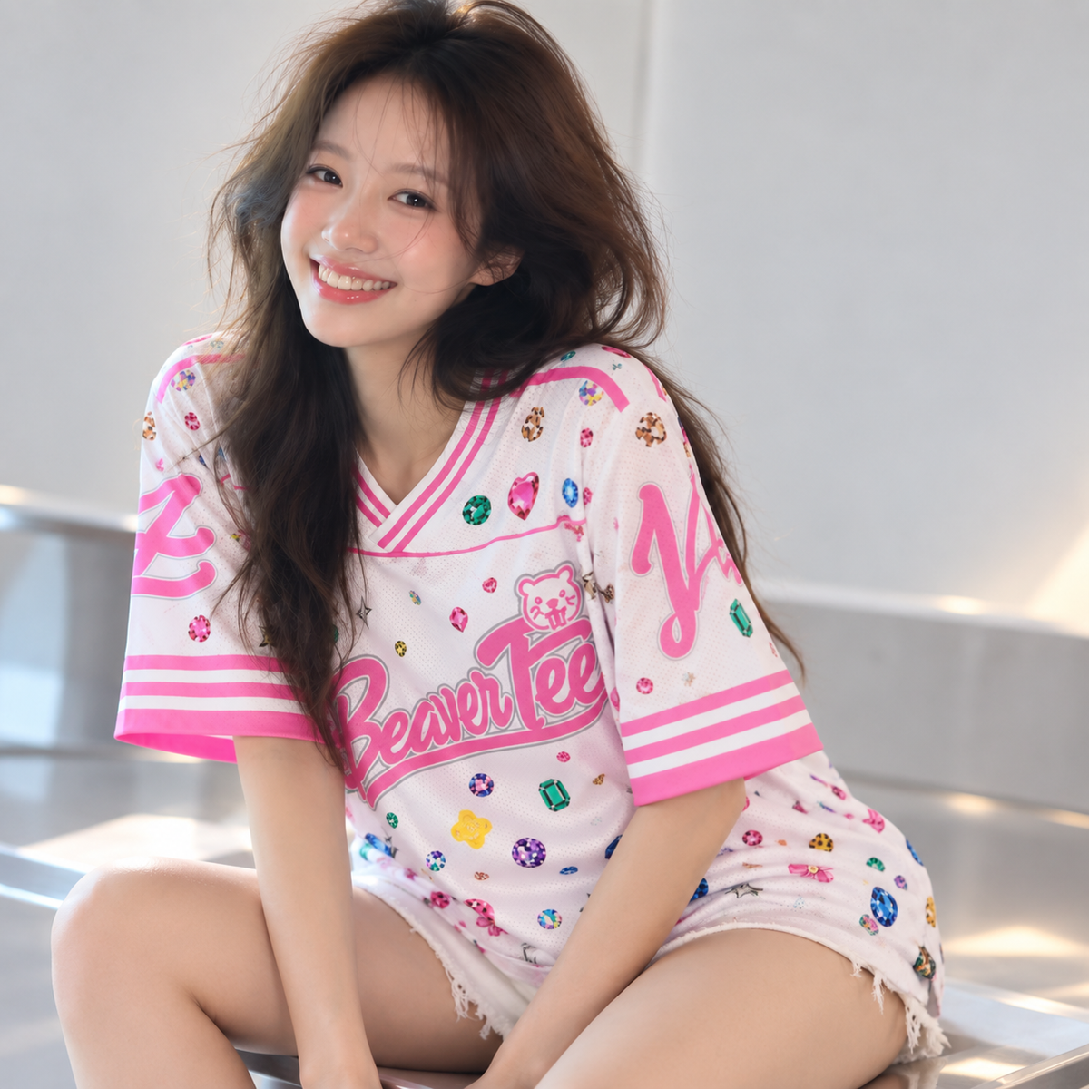 Áo Thun New Jersey BEAVERTEE NJS-25 Nam Nữ, Áo Jersey Thể Thao Unisex Họa Tiết Đá Quý Jewel Trắng Hồng, Phong Cách Streetwear Nổi Bật Dễ Thương, Jersey Thun Lưới Thoáng Khí, Form Boxy Oversize