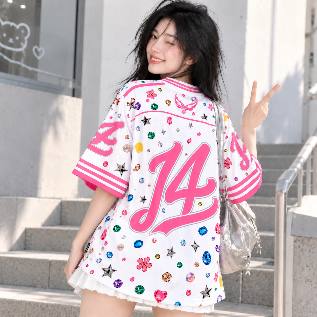 Áo Thun New Jersey BEAVERTEE NJS-25 Nam Nữ, Áo Jersey Thể Thao Unisex Họa Tiết Đá Quý Jewel Trắng Hồng, Phong Cách Streetwear Nổi Bật Dễ Thương, Jersey Thun Lưới Thoáng Khí, Form Boxy Oversize
