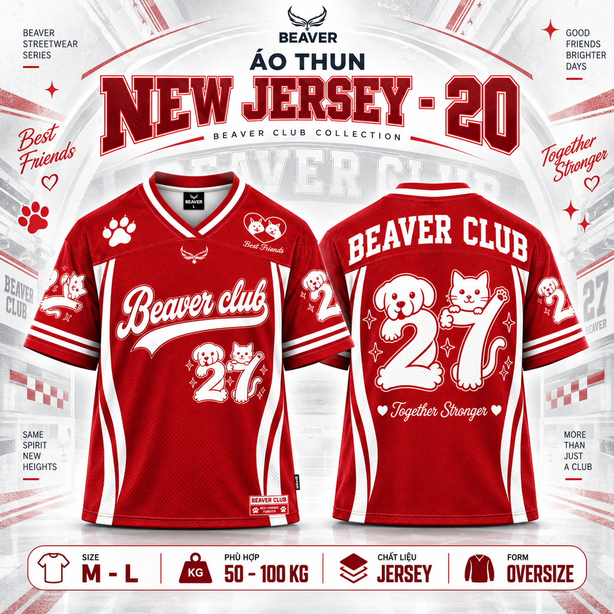 Áo Thun New Jersey BEAVERTEE NJS-20 Nam Nữ, Áo Thun Thể Thao Unisex, Họa Tiết Chó Mèo Số 27 Đỏ Trắng, Phong Cách Streetwear Dễ Thương, Jersey Thun Lưới Thoáng Khí, Form Oversize