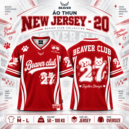 Áo Thun New Jersey BEAVERTEE NJS-20 Nam Nữ, Áo Thun Thể Thao Unisex, Họa Tiết Chó Mèo Số 27 Đỏ Trắng, Phong Cách Streetwear Dễ Thương, Jersey Thun Lưới Thoáng Khí, Form Oversize