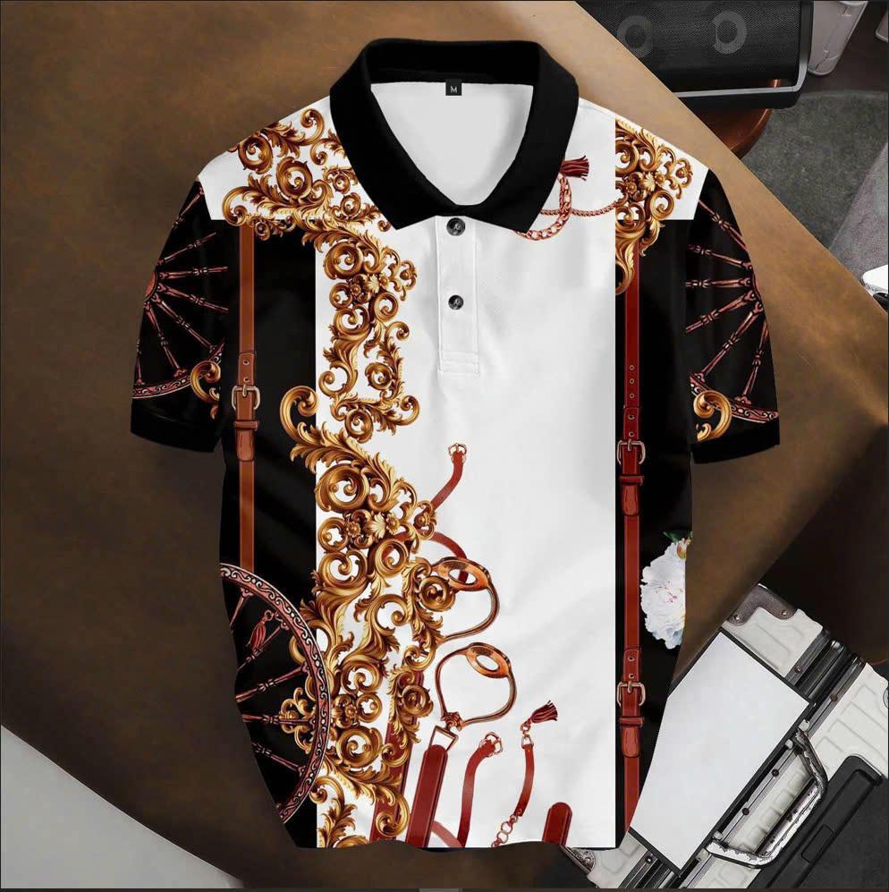 Áo Polo BEAVERTEE INT-69 Nam Nữ, Áo Polo Thể Thao Unisex Họa Tiết Hoa Văn Dây Xích Đen Trắng Nâu Vàng, Phong Cách Sang Trọng Cá Tính, Vải Poly Thái Co Giãn Thoáng Mát, Regular Fit