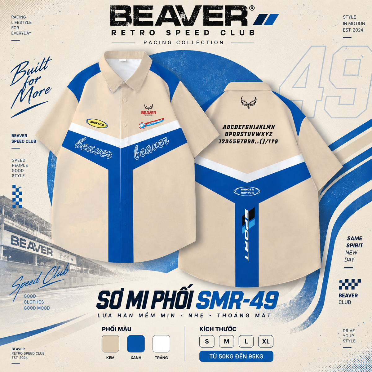 Áo Sơ Mi Phối SMR-49 BEAVERTEE Form Rộng Unisex Nam Nữ, Thiết Kế Phối Kem Xanh Trắng Graphic Retro Cá Tính, Lụa Hàn Mềm Mịn Thoáng Mát