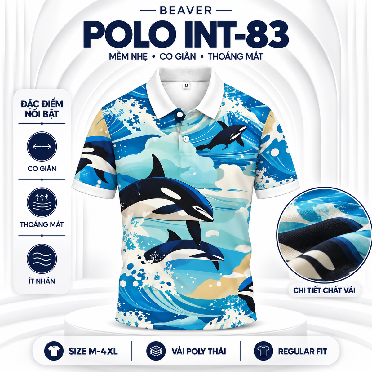 Áo Polo BEAVERTEE INT-83 Nam Nữ, Áo Polo Thể Thao Unisex Họa Tiết Cá Voi Sát Thủ Orca Đại Dương Xanh, Phong Cách Biển Mùa Hè Năng Động, Vải Poly Thái Co Giãn Thoáng Mát, Regular Fit