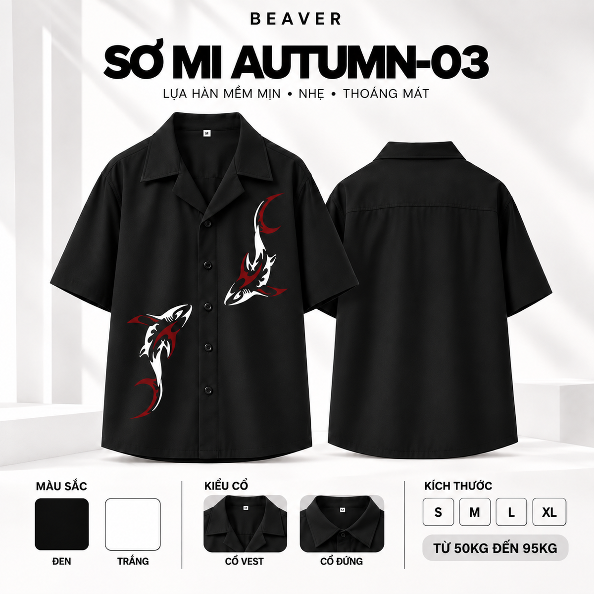 Sơ Mi AUTUMN-03 BEAVERTEE – Bộ Sưu Tập Autumn, Thiết Kế Cá Mập Đỏ Trắng Cá Tính, Tay Ngắn Nam Nữ Unisex, Lụa Hàn Mềm Mát Thấm Hút, Cổ Vest/Cổ Đứng