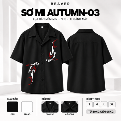 Sơ Mi AUTUMN-03 BEAVERTEE – Bộ Sưu Tập Autumn, Thiết Kế Cá Mập Đỏ Trắng Cá Tính, Tay Ngắn Nam Nữ Unisex, Lụa Hàn Mềm Mát Thấm Hút, Cổ Vest/Cổ Đứng