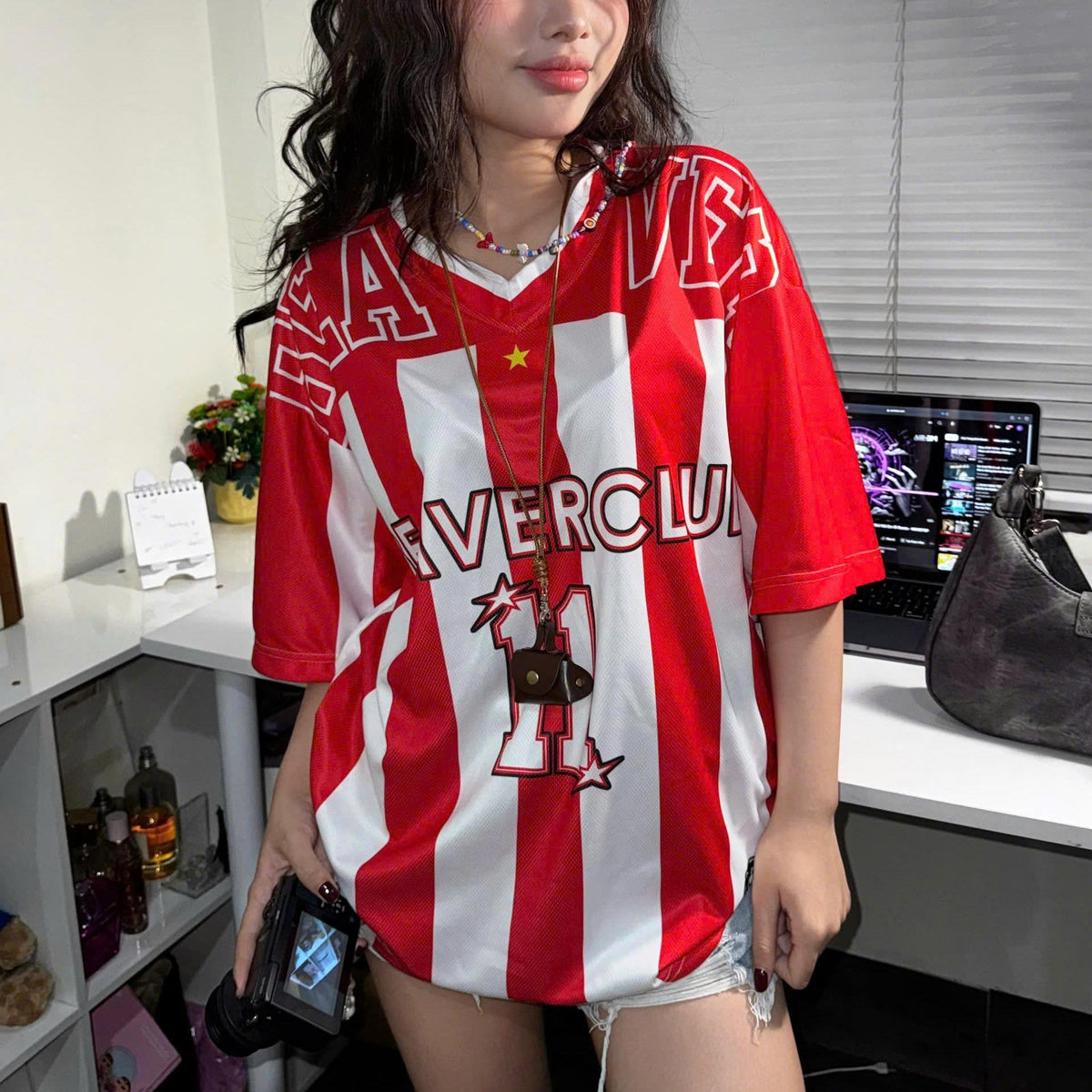Áo Thun Jersey JS-22 BEAVERTEE Form Rộng Nam Nữ Cổ Tim, Thiết Kế Đỏ Trắng Sọc Dọc Số 11 BEAVERCLUB Graphic Ngôi Sao Phong Cách Thể Thao Top Sport Cá Tính, Mềm Nhẹ Thoáng Mát