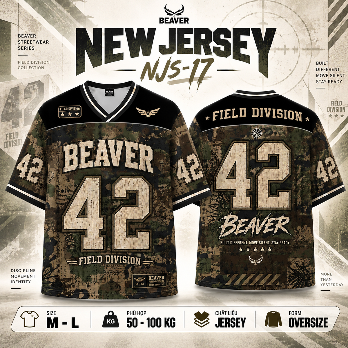 Áo Thun New Jersey BEAVERTEE NJS-17 Nam Nữ, Áo Thun Thể Thao Unisex, Họa Tiết Quân Đội Số 42 Xanh Rêu, Phong Cách Military Streetwear Cá Tính, Jersey Thun Lưới Thoáng Khí, Form Oversize