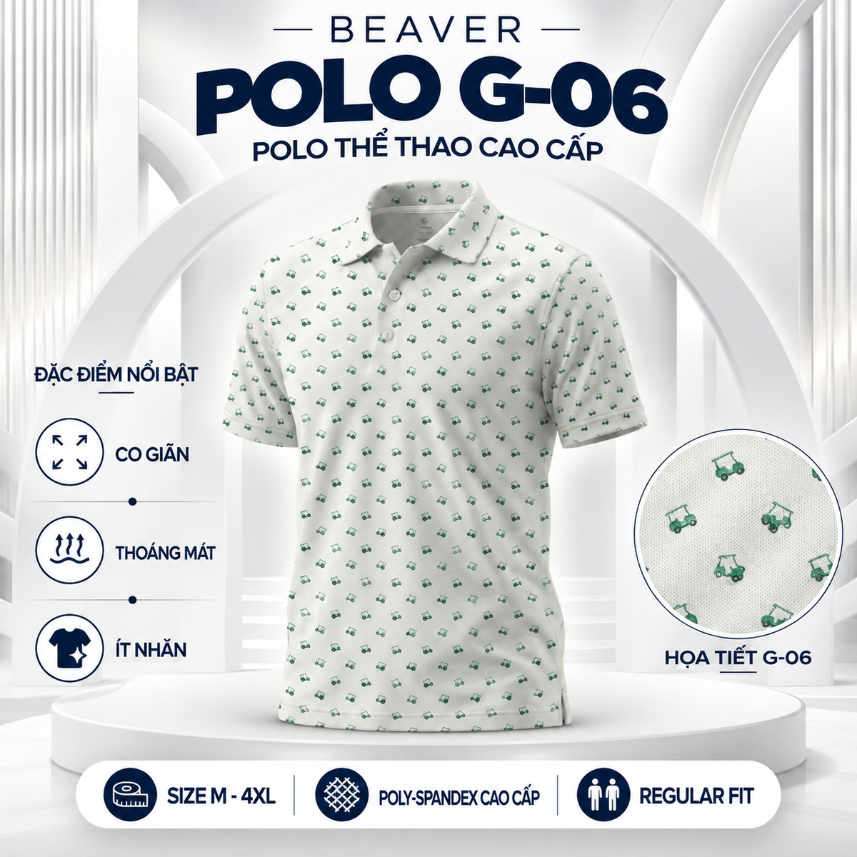 [ HÀNG XUẤT KHẨU ] - Áo Polo Thể Thao BEAVERTEE G-06 Nam Nữ, Golf, Tennis, Pickleball, Cầu Lông, Họa Tiết Xe Golf Xanh, Vải Poly Co Giãn Mềm Nhẹ, Thoáng Mát Nhanh Khô, Form Vừa Vặn
