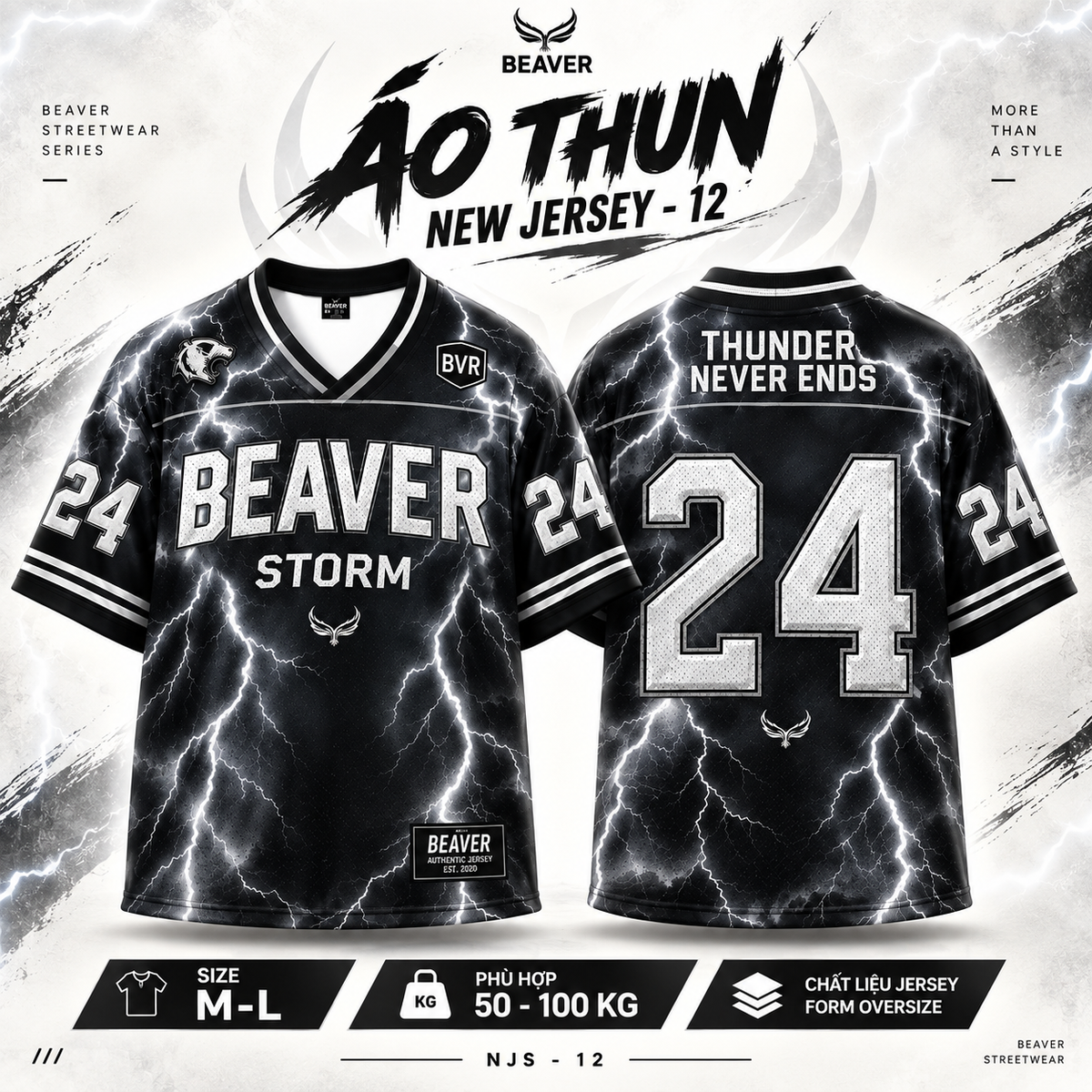 Áo Thun New Jersey BEAVERTEE NJS-12 Nam Nữ, Áo Thun Thể Thao Unisex, Họa Tiết Sấm Sét Số 24 Đen Trắng, Phong Cách Streetwear Mạnh Mẽ, Jersey Thun Lưới Thoáng Khí, Form Oversize