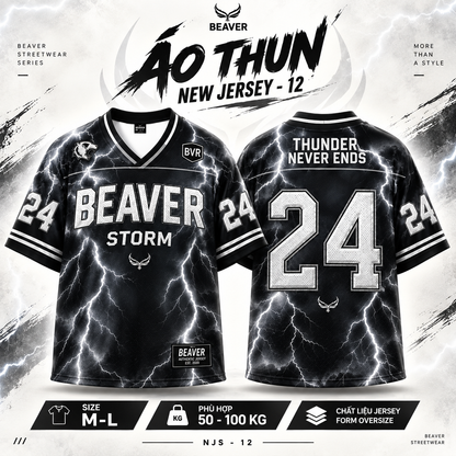 Áo Thun New Jersey BEAVERTEE NJS-12 Nam Nữ, Áo Thun Thể Thao Unisex, Họa Tiết Sấm Sét Số 24 Đen Trắng, Phong Cách Streetwear Mạnh Mẽ, Jersey Thun Lưới Thoáng Khí, Form Oversize