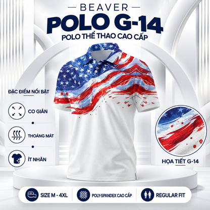 [ HÀNG XUẤT KHẨU ] - Áo Polo Thể Thao BEAVERTEE G-14 Nam Nữ, Golf, Tennis, Pickleball, Cầu Lông, Họa Tiết Cờ Mỹ Đỏ Trắng Xanh, Vải Poly Co Giãn Mềm Nhẹ, Thoáng Mát Nhanh Khô, Form Vừa Vặn