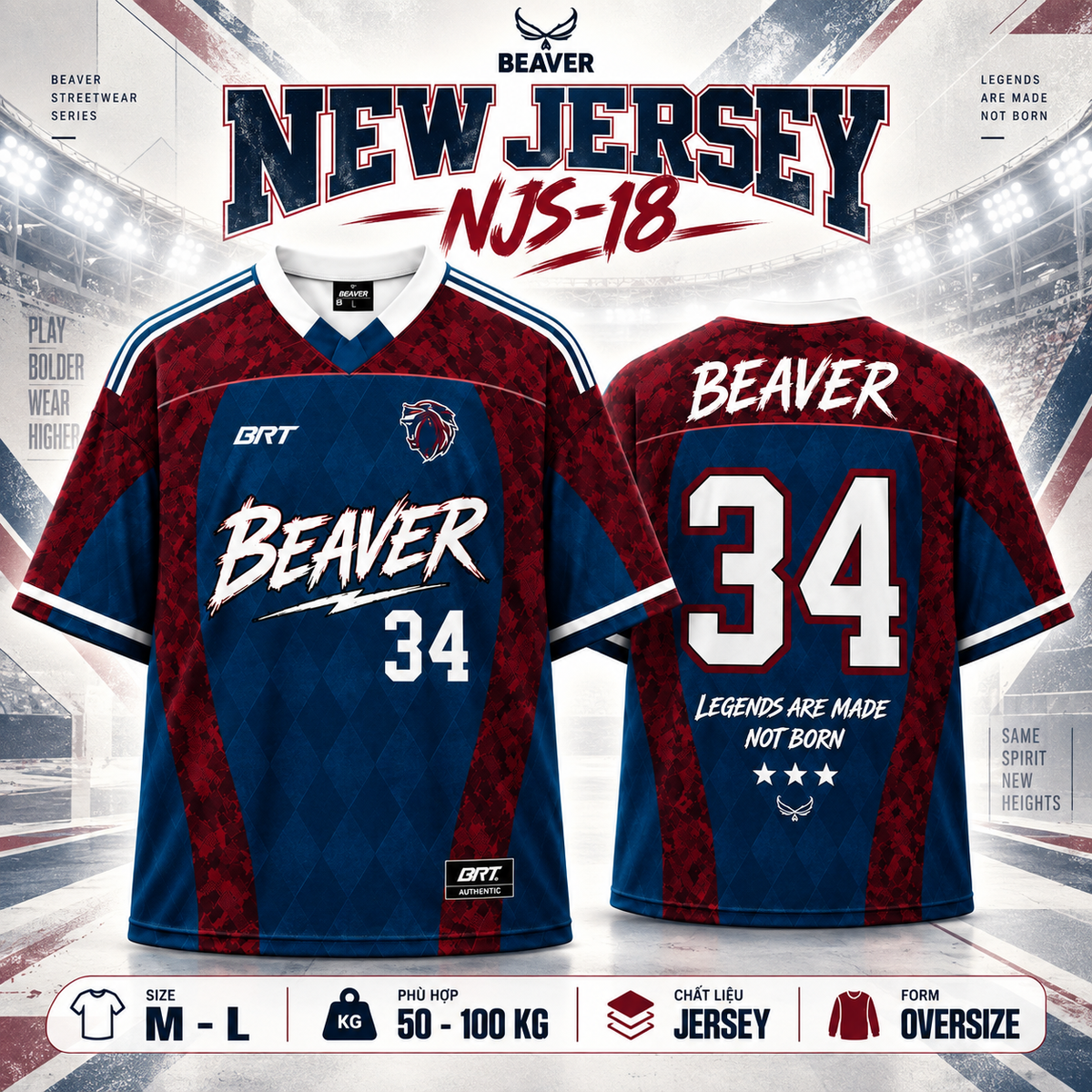 Áo Thun New Jersey BEAVERTEE NJS-18 Nam Nữ, Áo Thun Thể Thao Unisex, Họa Tiết Số 34 Xanh Đỏ, Phong Cách Sports Streetwear Năng Động, Jersey Thun Lưới Thoáng Khí, Form Oversize