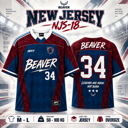 Áo Thun New Jersey BEAVERTEE NJS-18 Nam Nữ, Áo Thun Thể Thao Unisex, Họa Tiết Số 34 Xanh Đỏ, Phong Cách Sports Streetwear Năng Động, Jersey Thun Lưới Thoáng Khí, Form Oversize