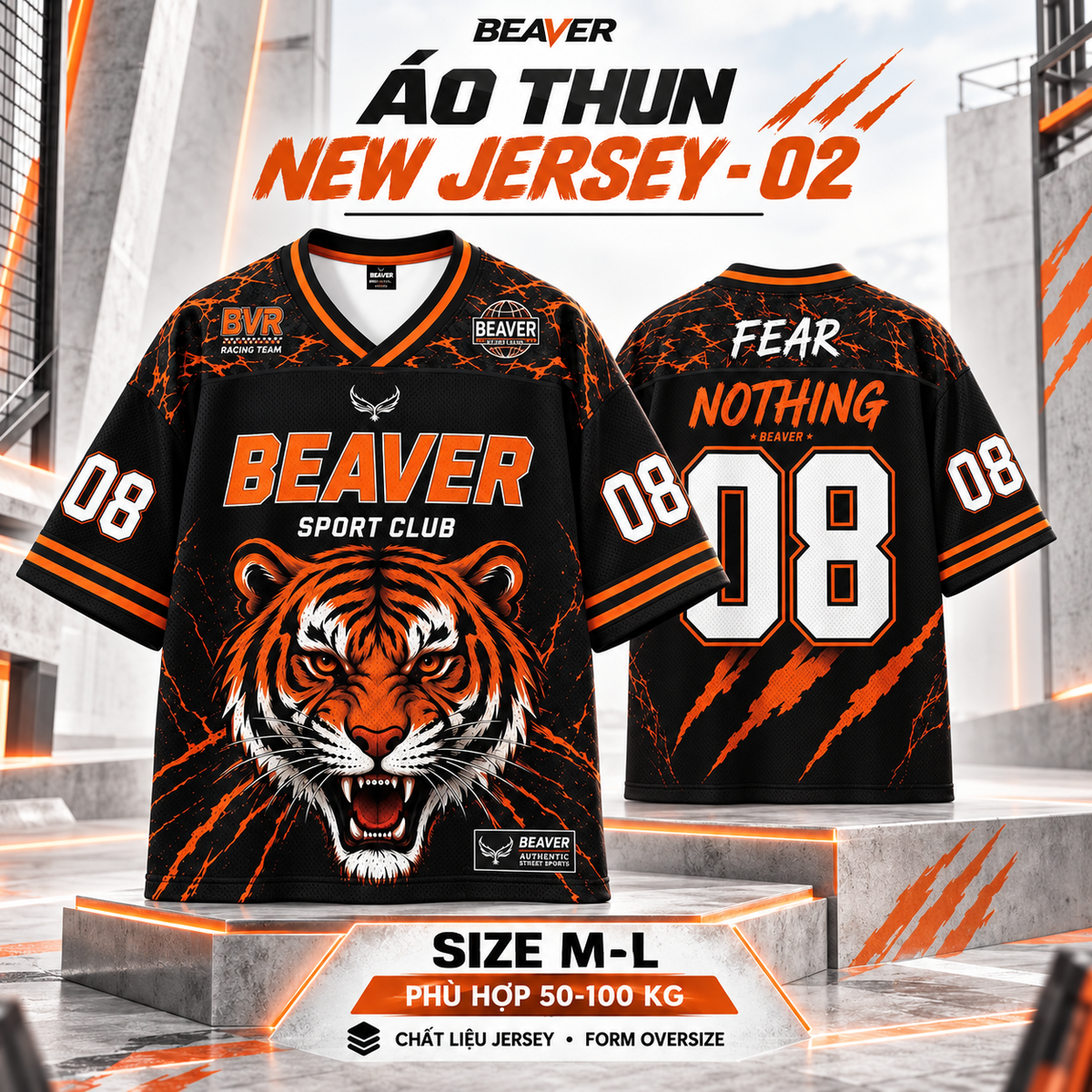 Áo Thun New Jersey BEAVERTEE NJS-02 Nam Nữ, Áo Thun Thể Thao Unisex, Họa Tiết Hổ Số 08 Đen Cam, Phong Cách Streetwear Cá Tính, Chất Jersey Mềm Nhẹ Thoáng Mát, Form Oversize