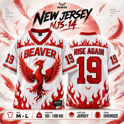 Áo Thun New Jersey BEAVERTEE NJS-14 Nam Nữ, Áo Thun Thể Thao Unisex, Họa Tiết Phượng Hoàng Lửa Số 19 Trắng Đỏ, Phong Cách Streetwear Cá Tính, Jersey Thun Lưới Thoáng Khí, Form Oversize