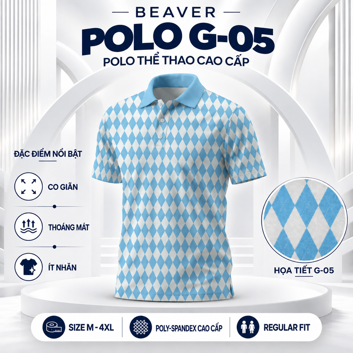[ HÀNG XUẤT KHẨU ] - Áo Polo Thể Thao BEAVERTEE G-05 Nam Nữ, Golf, Tennis, Pickleball, Cầu Lông, Họa Tiết Hình Học Xanh Trắng, Vải Poly Co Giãn Mềm Nhẹ, Thoáng Mát Nhanh Khô, Form Vừa Vặn