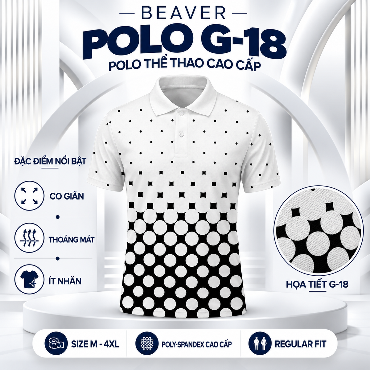 [ HÀNG XUẤT KHẨU ] - Áo Polo Thể Thao BEAVERTEE G-18 Nam Nữ, Họa Tiết Chấm Bi Đen Trắng, Vải Poly Spandex Co Giãn Mềm Nhẹ, Thoáng Mát, Regular Fit, Size M–4XL