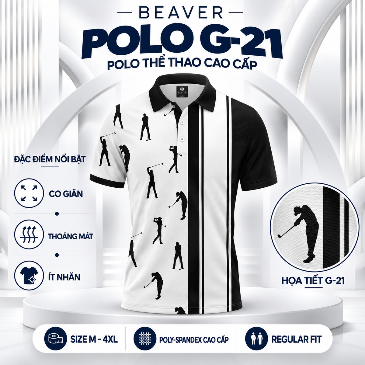 [ HÀNG XUẤT KHẨU ] - Áo Polo Thể Thao BEAVERTEE G-21 Nam Nữ, Họa Tiết Golf Đen Trắng, Vải Poly-Spandex Co Giãn Mềm Nhẹ, Thoáng Mát Nhanh Khô, Regular Fit, Size M–4XL