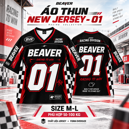 Áo Thun New Jersey BEAVERTEE NJS-01 Nam Nữ, Áo Thun Thể Thao Unisex, Họa Tiết Racing Số 01 Đen Đỏ Trắng, Phong Cách Streetwear, Chất Jersey Mềm Nhẹ Thoáng Mát, Form Oversize