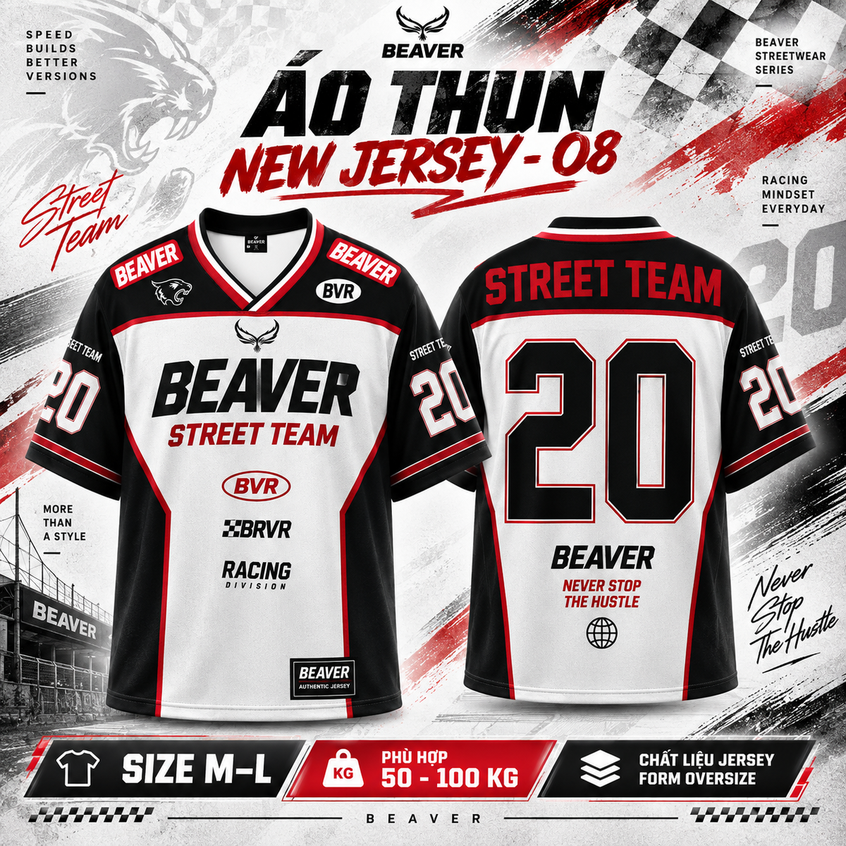 Áo Thun New Jersey BEAVERTEE NJS-08 Nam Nữ, Áo Thun Thể Thao Unisex, Họa Tiết Racing Street Team Số 20 Đen Trắng Đỏ, Phong Cách Streetwear Cá Tính, Jersey Thun Lưới Thoáng Khí, Form Oversize