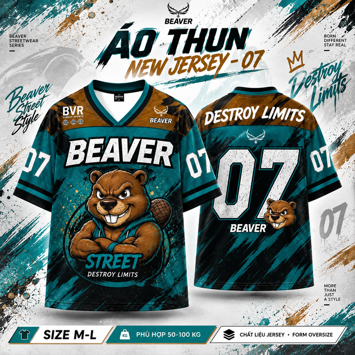 Áo Thun New Jersey BEAVERTEE NJS-07 Nam Nữ, Áo Thun Thể Thao Unisex, Họa Tiết Gấu Hải Ly Số 07 Xanh Đen, Phong Cách Streetwear Cá Tính, Jersey Thun Lưới Thoáng Khí, Form Oversize