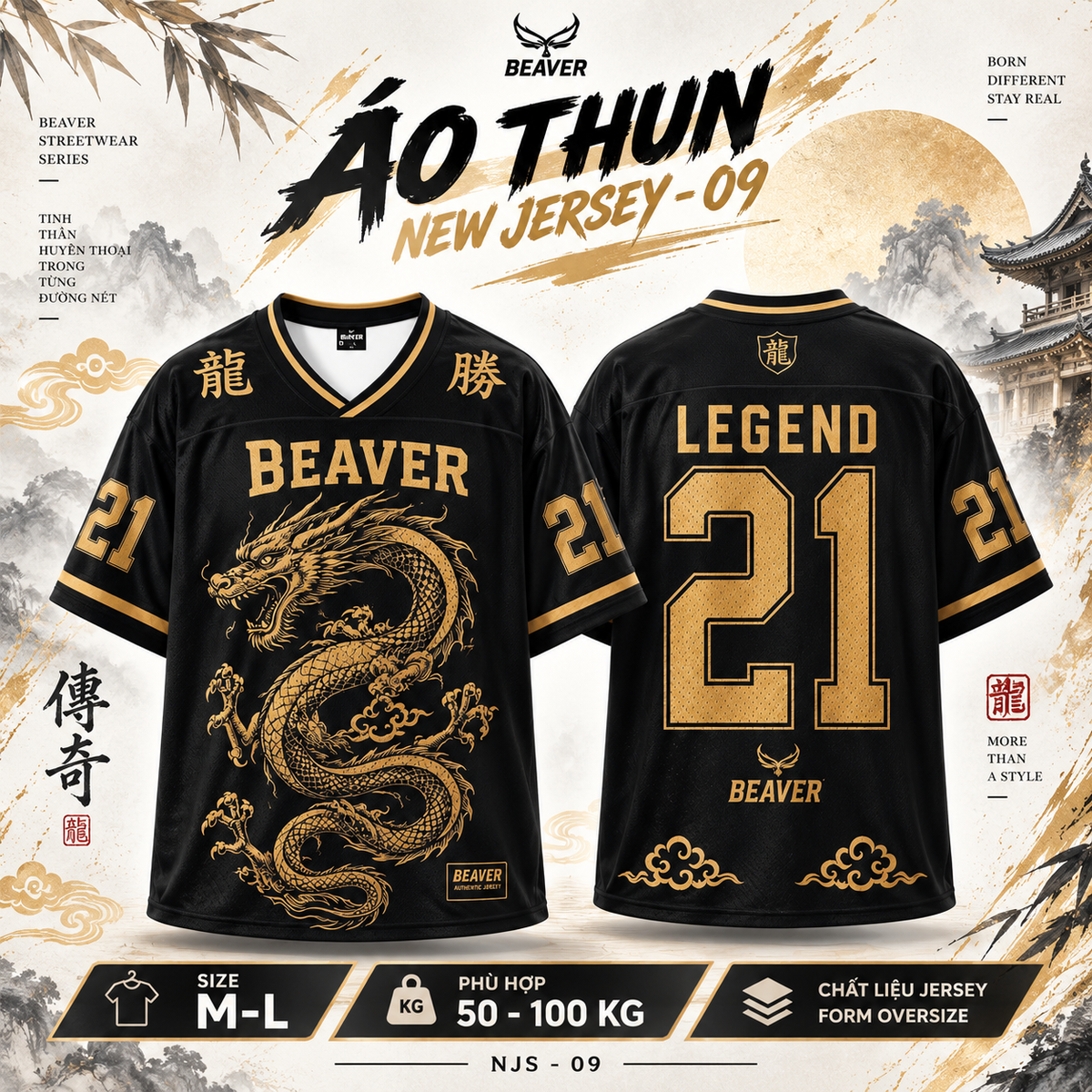 Áo Thun New Jersey BEAVERTEE NJS-09 Nam Nữ, Áo Thun Thể Thao Unisex, Họa Tiết Rồng Số 21 Đen Vàng, Phong Cách Á Đông Cá Tính, Jersey Thun Lưới Thoáng Khí, Form Oversize