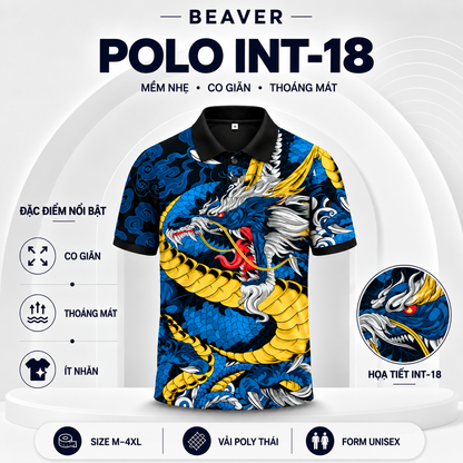 Áo Polo Rồng INT-18 Họa Tiết Rồng Xanh Vàng – Áo Polo Nam/Nữ Cổ Bẻ Phong Cách Á Đông Mạnh Mẽ Cá Tính, Vải Poly Thái Co Giãn Thoáng Mát