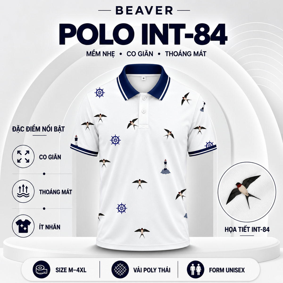 Áo Polo Thủy Thủ INT-84 Họa Tiết Chim Én & Hải Đăng – Áo Polo Nam/Nữ Cổ Bẻ Phong Cách Biển Hàng Hải Trẻ Trung, Vải Poly Thái Co Giãn Thoáng Mát