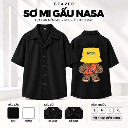Áo Sơ Mi Gấu NASA BEAVERTEE Nam Nữ Unisex – Sơ Mi Tay Ngắn Graphic Gấu Phi Hành Gia, Vải Lụa Hàn Mềm Mát Thấm Hút Mồ Hôi, Cổ Vest/Cổ Đứng