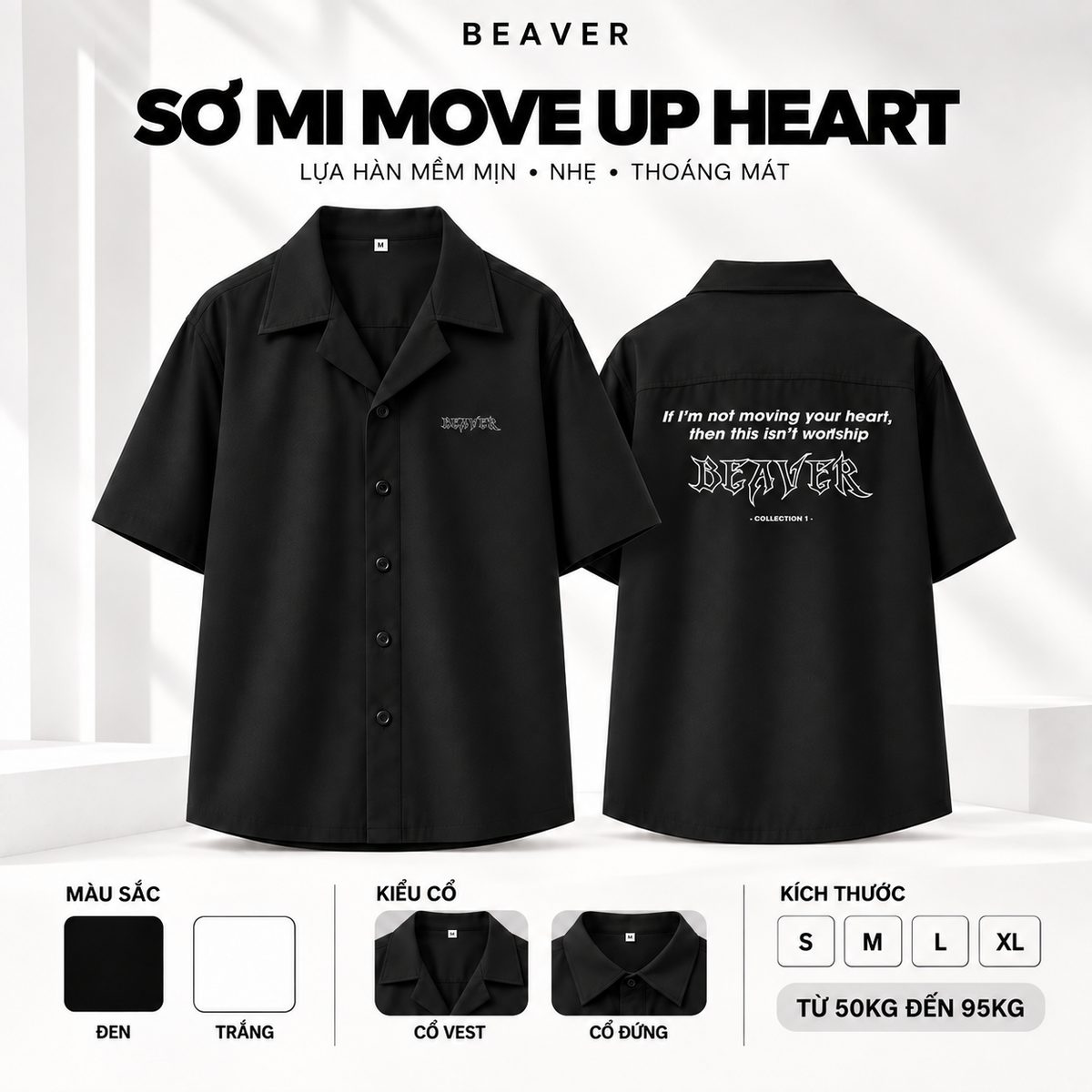 Áo Sơ Mi MOVE UP HEART BEAVERTEE – Graphic Chữ Streetwear Cá Tính, Sơ Mi Unisex Lụa Hàn Tay Ngắn Nam Nữ,Thấm Hút Mồ Hôi, Cổ Vest/Cổ Đứng