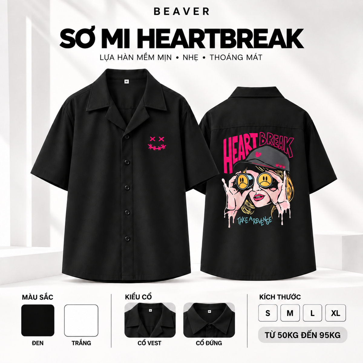 Áo Sơ Mi HEARTBREAK BEAVERTEE – Graphic Cô Gái Pop Art Cá Tính, Sơ Mi Unisex Nam Nữ Lụa Hàn Tay Ngắn, Thấm Hút Mồ Hôi, Cổ Vest/Cổ Đứng