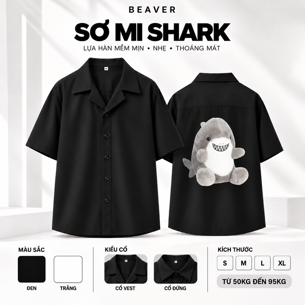 Áo Sơ Mi SHARK BEAVERTEE – Graphic Cá Mập Dễ Thương Cá Tính, Unisex Nam Nữ, Lụa Hàn Mềm Mát Thấm Hút Mồ Hôi, Cổ Vest/Cổ Đứng