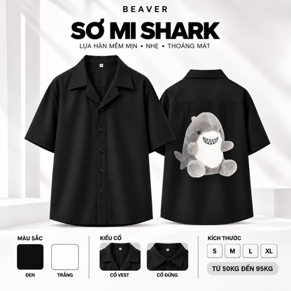 Áo Sơ Mi SHARK BEAVERTEE – Graphic Cá Mập Dễ Thương Cá Tính, Unisex Nam Nữ, Lụa Hàn Mềm Mát Thấm Hút Mồ Hôi, Cổ Vest/Cổ Đứng