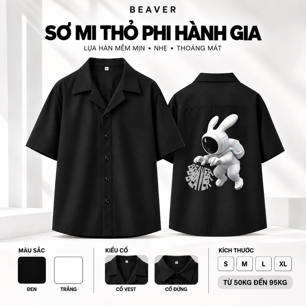 Áo Sơ Mi Thỏ Phi Hành Gia BEAVERTEE – Graphic Thỏ Vũ Trụ Cá Tính, Unisex Nam Nữ, Lụa Hàn Mềm Mát Thấm Hút Mồ Hôi, Cổ Vest/Cổ Đứng