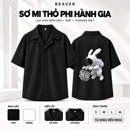Áo Sơ Mi Thỏ Phi Hành Gia BEAVERTEE – Graphic Thỏ Vũ Trụ Cá Tính, Unisex Nam Nữ, Lụa Hàn Mềm Mát Thấm Hút Mồ Hôi, Cổ Vest/Cổ Đứng
