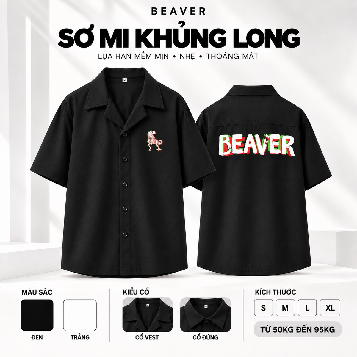 Sơ Mi Khủng Long BEAVERTEE – Thiết Kế Khủng Long Retro, Tay Ngắn Nam Nữ Unisex, Lụa Hàn Mềm Mát Thấm Hút Mồ Hôi, Cổ Vest/Cổ Đứng