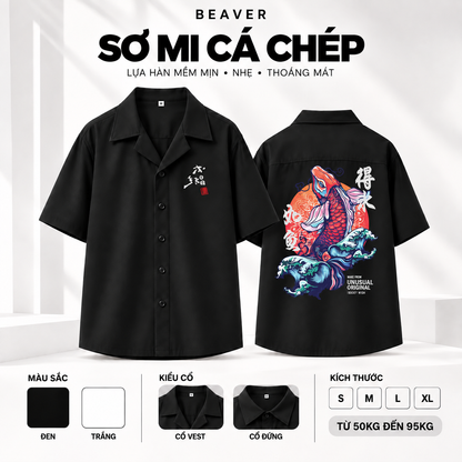 Sơ Mi Cá Chép BEAVERTEE – Thiết Kế Cá Chép Vượt Sóng Phong Cách Á Đông, Tay Ngắn Nam Nữ Unisex, Lụa Hàn Mềm Mát Thấm Hút, Cổ Vest/Cổ Đứng**