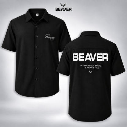 Áo Sơ Mi Chữ Ký BEAVERTEE Nam Nữ – Sơ Mi Tay Ngắn Form Rộng, Vải Lụa Chéo Mát Mẻ Thấm Hút Mồ Hôi, Cổ Vest/Cổ Đứng