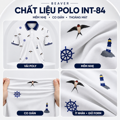 Áo Polo Thủy Thủ INT-84 Họa Tiết Chim Én & Hải Đăng – Áo Polo Nam/Nữ Cổ Bẻ Phong Cách Biển Hàng Hải Trẻ Trung, Vải Poly Thái Co Giãn Thoáng Mát