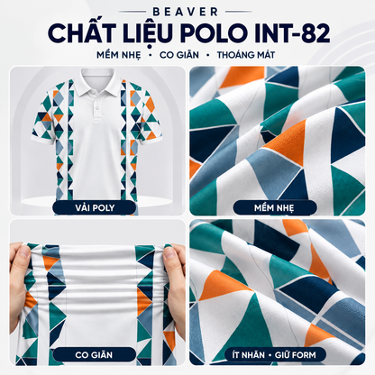 Áo Polo INT-82 Họa Tiết Hình Học Đa Sắc – Áo Polo Nam/Nữ Cổ Bẻ Phối Trắng Xanh Cam Hiện Đại, Vải Poly-Spandex Co Giãn Thoáng Mát