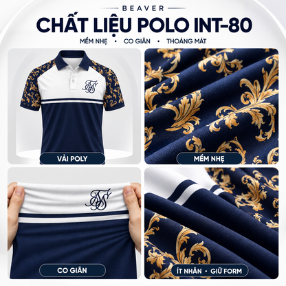 Áo Polo INT-80 Họa Tiết Hoa Văn Hoàng Gia – Áo Polo Nam/Nữ Cổ Bẻ Phối Xanh Navy Trắng Sang Trọng, Vải Poly Thái Co Giãn Thoáng Mát