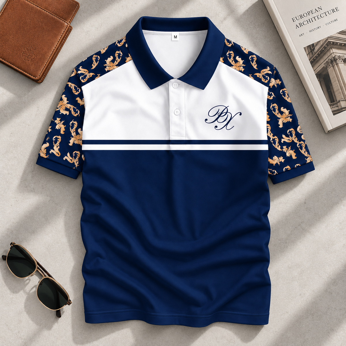 Áo Polo INT-80 Họa Tiết Hoa Văn Hoàng Gia – Áo Polo Nam/Nữ Cổ Bẻ Phối Xanh Navy Trắng Sang Trọng, Vải Poly Thái Co Giãn Thoáng Mát