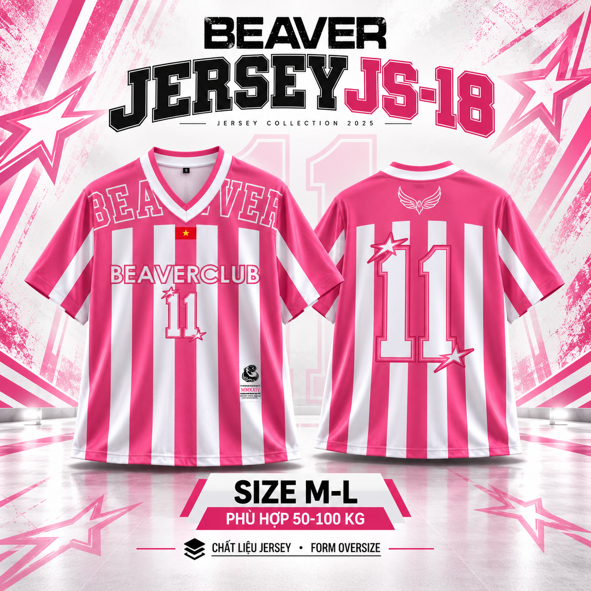 Áo Thun Jersey JS-18 BEAVERTEE Form Rộng Nam Nữ Cổ Tim, Thiết Kế Hồng Trắng Sọc Dọc Số 11 BEAVERCLUB Graphic Ngôi Sao Phong Cách Thể Thao Top Sport Cá Tính, Mềm Nhẹ Thoáng Mát