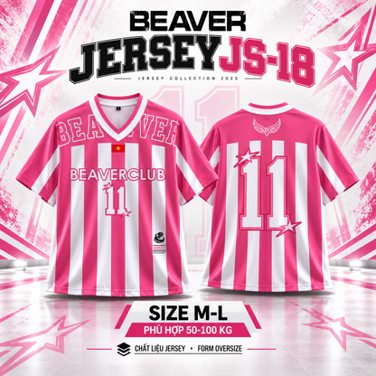 Áo Thun Jersey JS-18 BEAVERTEE Form Rộng Nam Nữ Cổ Tim, Thiết Kế Hồng Trắng Sọc Dọc Số 11 BEAVERCLUB Graphic Ngôi Sao Phong Cách Thể Thao Top Sport Cá Tính, Mềm Nhẹ Thoáng Mát