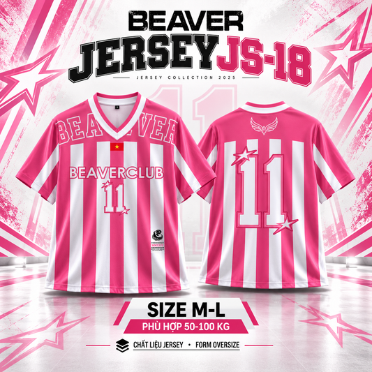 Áo Thun Jersey JS-18 BEAVERTEE Form Rộng Nam Nữ Cổ Tim, Thiết Kế Hồng Trắng Sọc Dọc Số 11 BEAVERCLUB Graphic Ngôi Sao Phong Cách Thể Thao Top Sport Cá Tính, Mềm Nhẹ Thoáng Mát