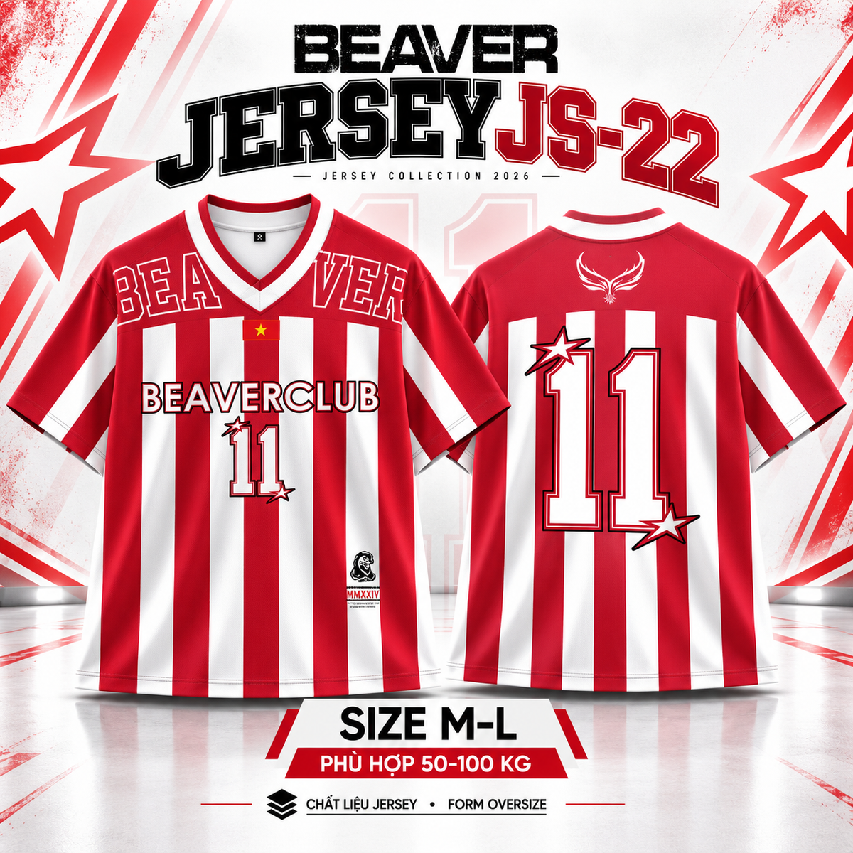 Áo Thun Jersey JS-22 BEAVERTEE Form Rộng Nam Nữ Cổ Tim, Thiết Kế Đỏ Trắng Sọc Dọc Số 11 BEAVERCLUB Graphic Ngôi Sao Phong Cách Thể Thao Top Sport Cá Tính, Mềm Nhẹ Thoáng Mát