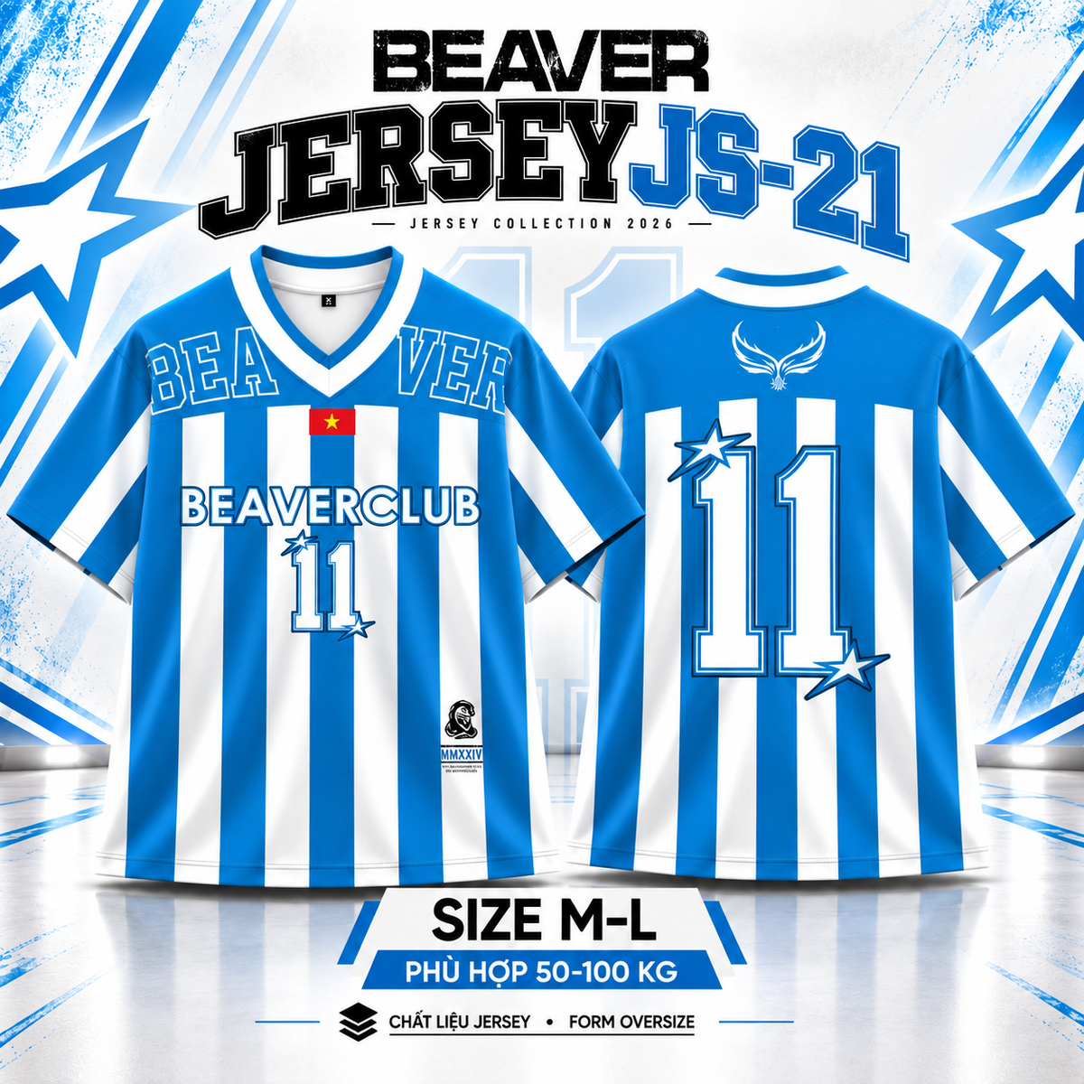 Áo Thun Jersey JS-21 BEAVERTEE Form Rộng Nam Nữ Cổ Tim, Thiết Kế Xanh Trắng Sọc Dọc Số 11 BEAVERCLUB Graphic Ngôi Sao Phong Cách Thể Thao Top Sport Cá Tính, Mềm Nhẹ Thoáng Mát