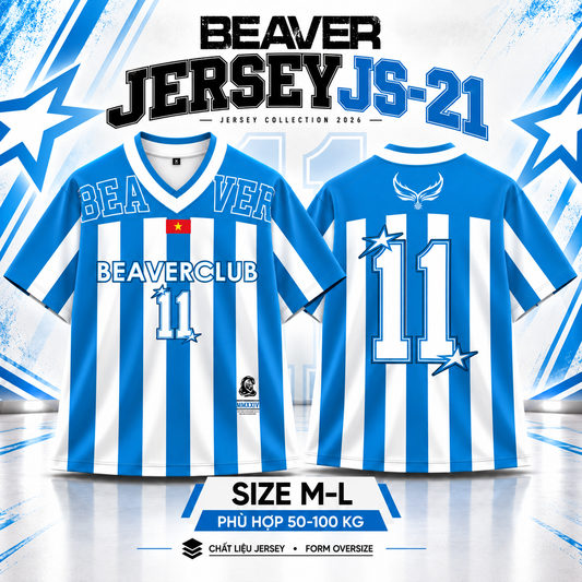 Áo Thun Jersey JS-21 BEAVERTEE Form Rộng Nam Nữ Cổ Tim, Thiết Kế Xanh Trắng Sọc Dọc Số 11 BEAVERCLUB Graphic Ngôi Sao Phong Cách Thể Thao Top Sport Cá Tính, Mềm Nhẹ Thoáng Mát