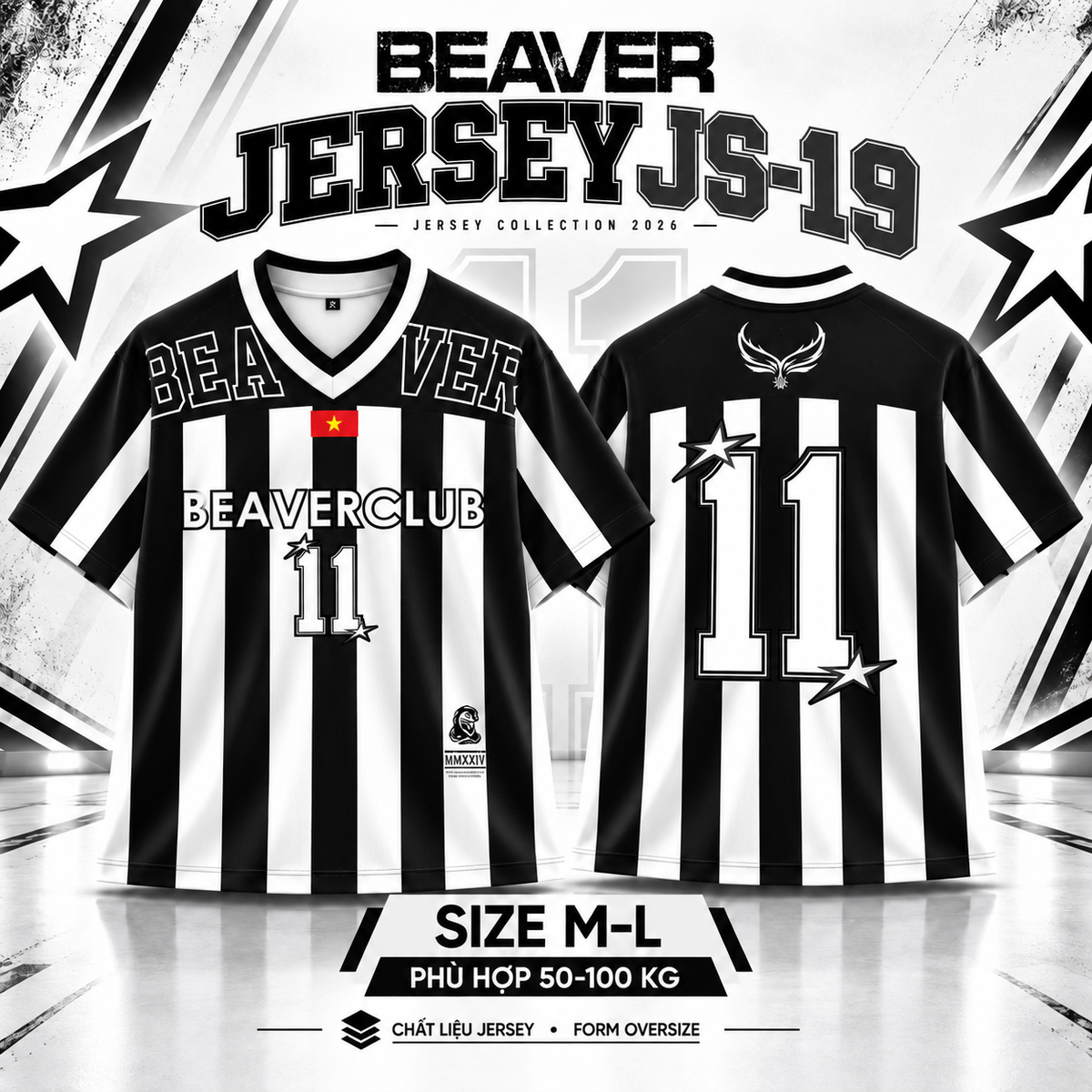 Áo Thun Jersey JS-19 BEAVERTEE Form Rộng Nam Nữ Cổ Tim, Thiết Kế Đen Trắng Sọc Dọc Số 11 BEAVERCLUB Graphic Ngôi Sao Phong Cách Thể Thao Top Sport Cá Tính, Mềm Nhẹ Thoáng Mát