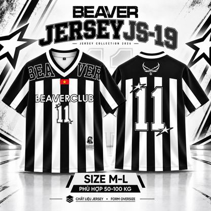 Áo Thun Jersey JS-19 BEAVERTEE Form Rộng Nam Nữ Cổ Tim, Thiết Kế Đen Trắng Sọc Dọc Số 11 BEAVERCLUB Graphic Ngôi Sao Phong Cách Thể Thao Top Sport Cá Tính, Mềm Nhẹ Thoáng Mát